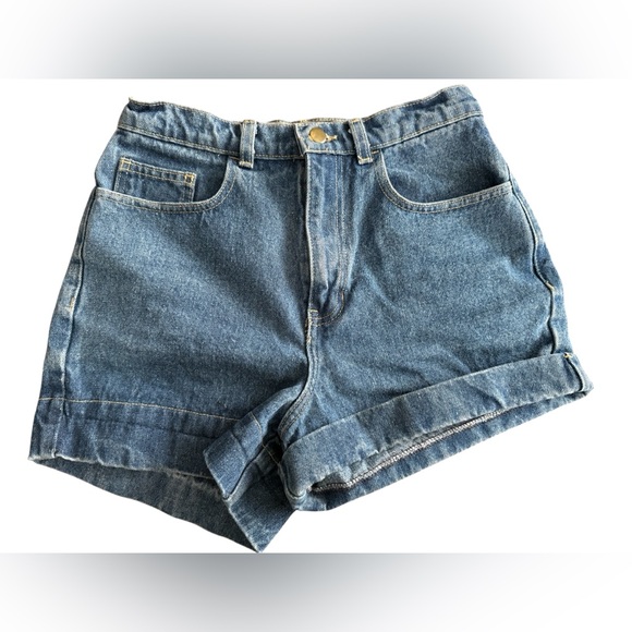 American Apparel Women's Denim High-Waist Cuff Short medium wash size 28 - Picture 2 of 11